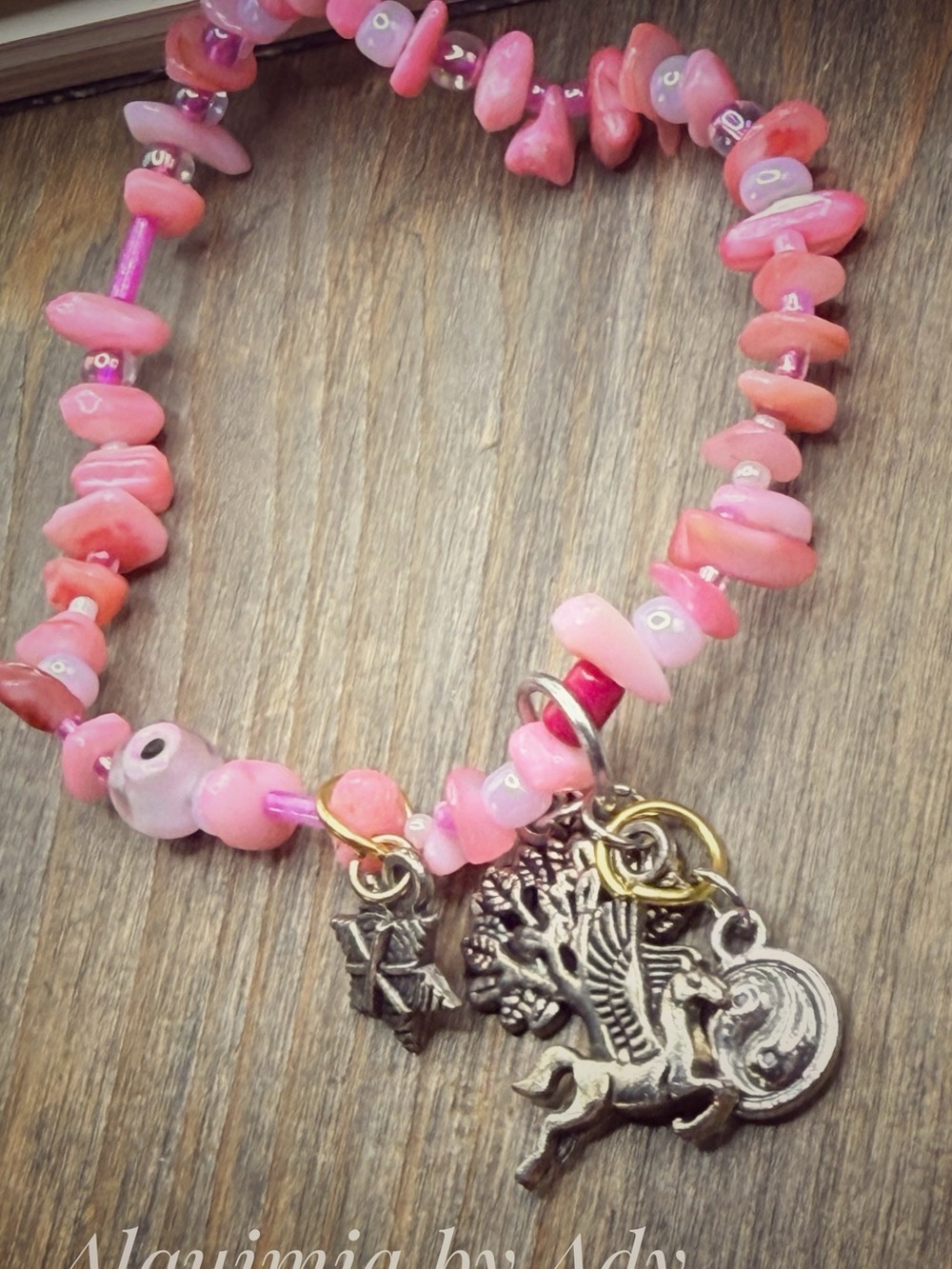 AGATE + QUARTZ Hot Pink Multi-Strand Beaded Bracelet Set with Pegasus Charm - Picture 3 of 9